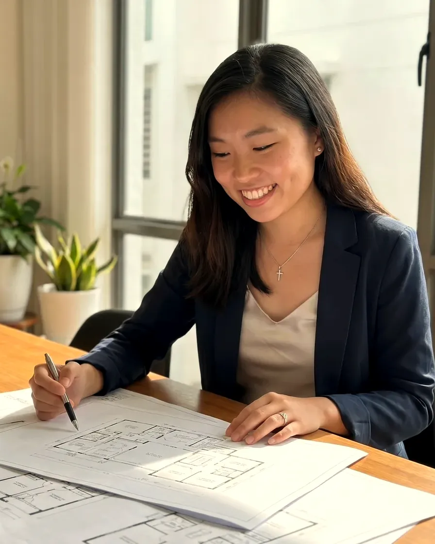 Jessin at her desk, marking up a floorplan.