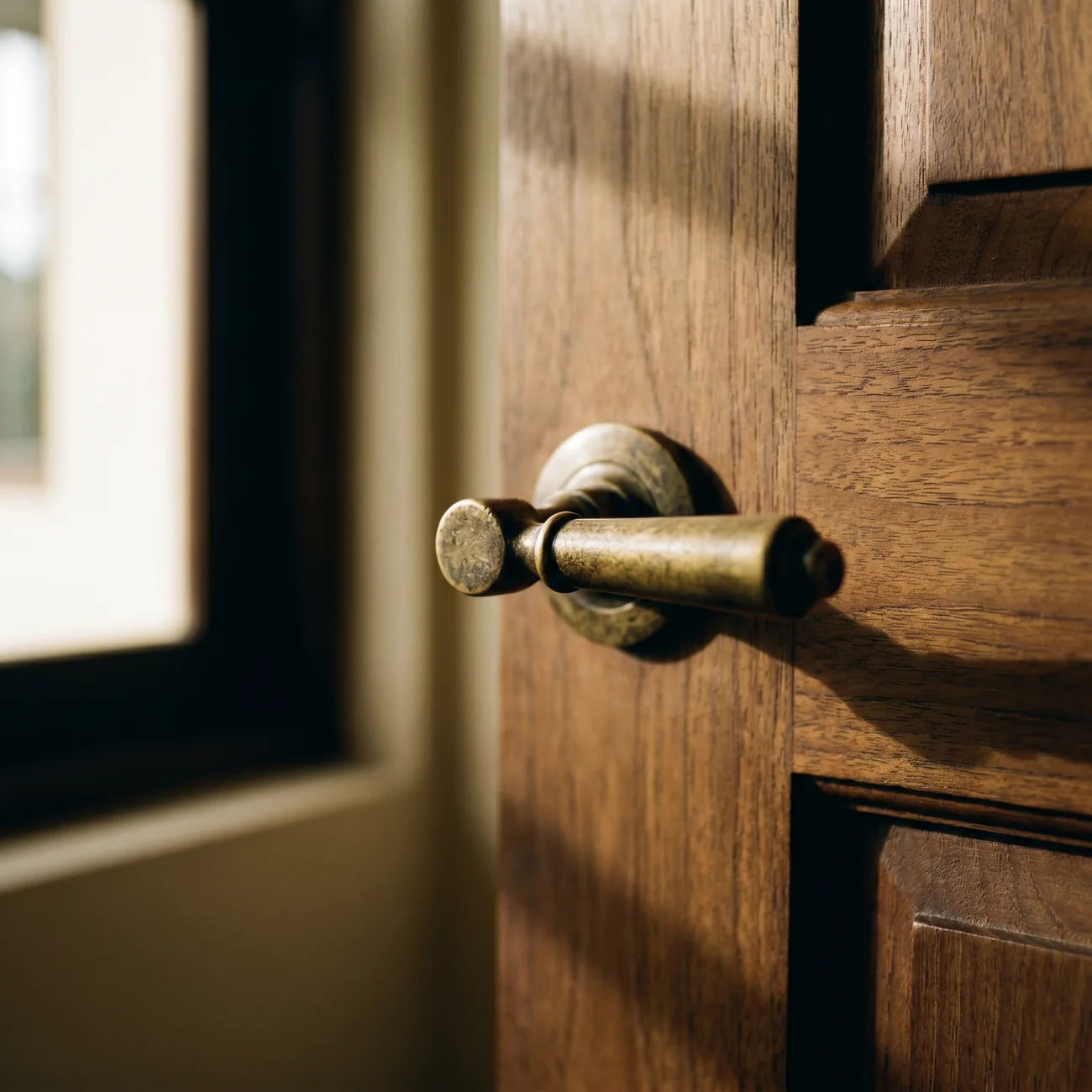 A worn brass door lever on a dark timber door, low afternoon light. A representative detail.