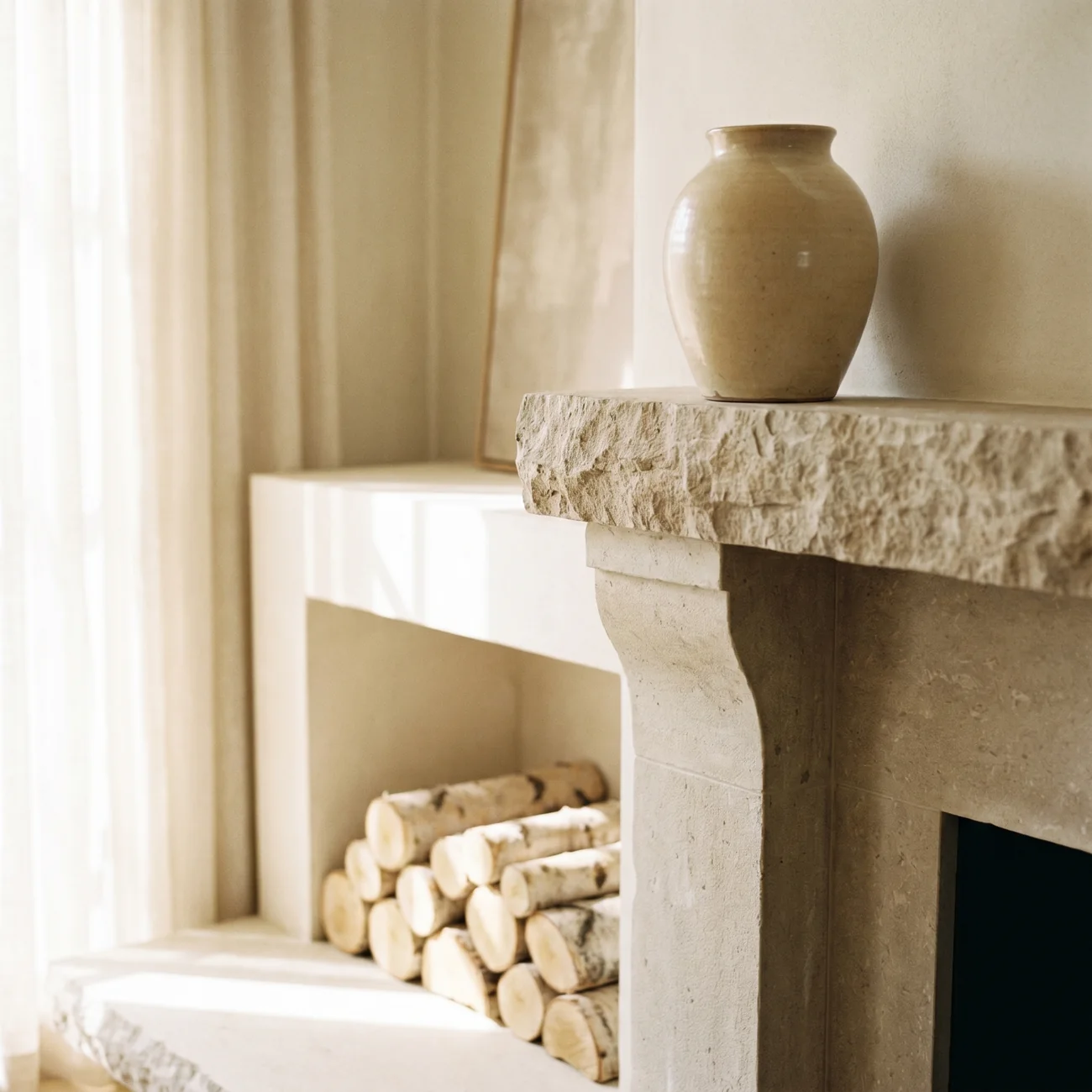 A limestone hearth with birch logs stacked below and a glazed vase on the mantel, morning light. A representative scene.