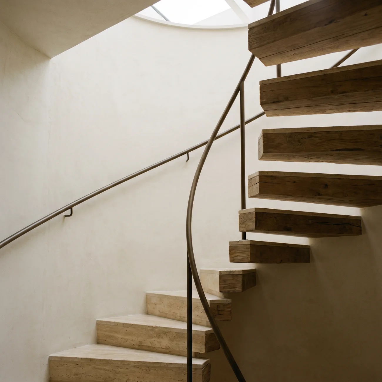 A timber staircase worn smooth by the generations who have used it.