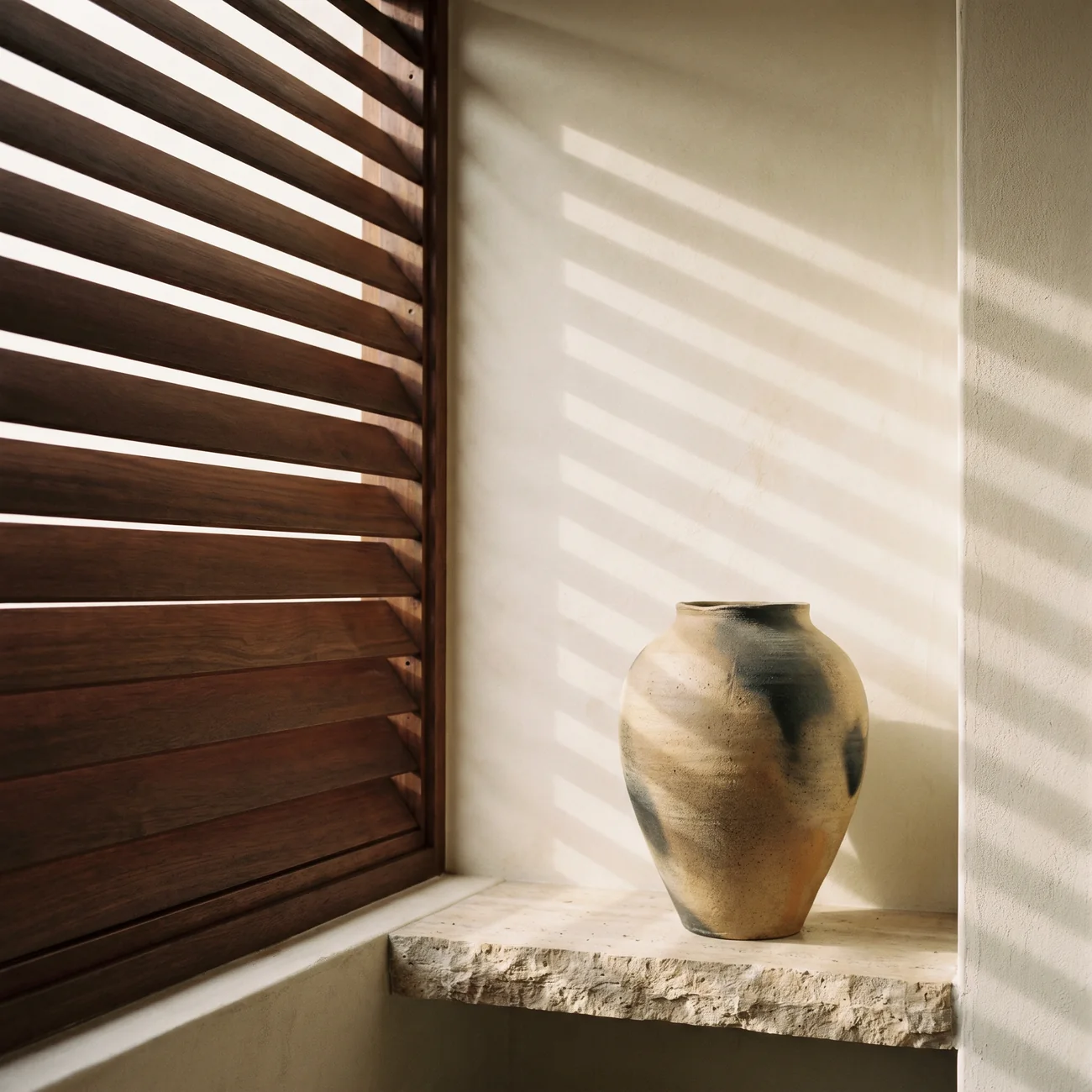Soft daylight through a louvred window, falling across a timber sill.