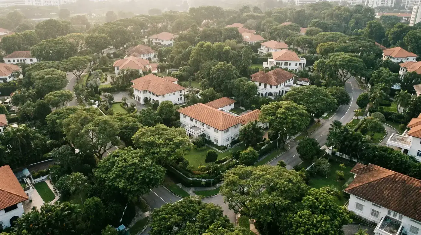 A landed estate seen from above, generous front lawns and tree cover.