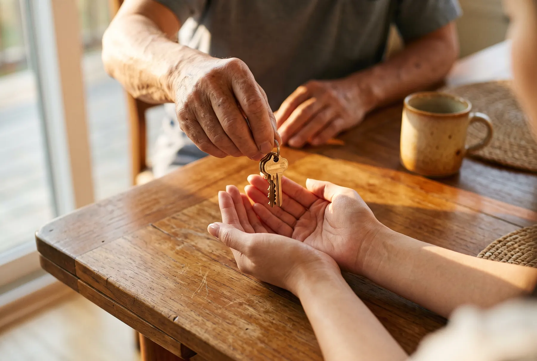 An older seller's hands passing house keys into younger waiting hands over a teak table, warm window light. A representative scene.
