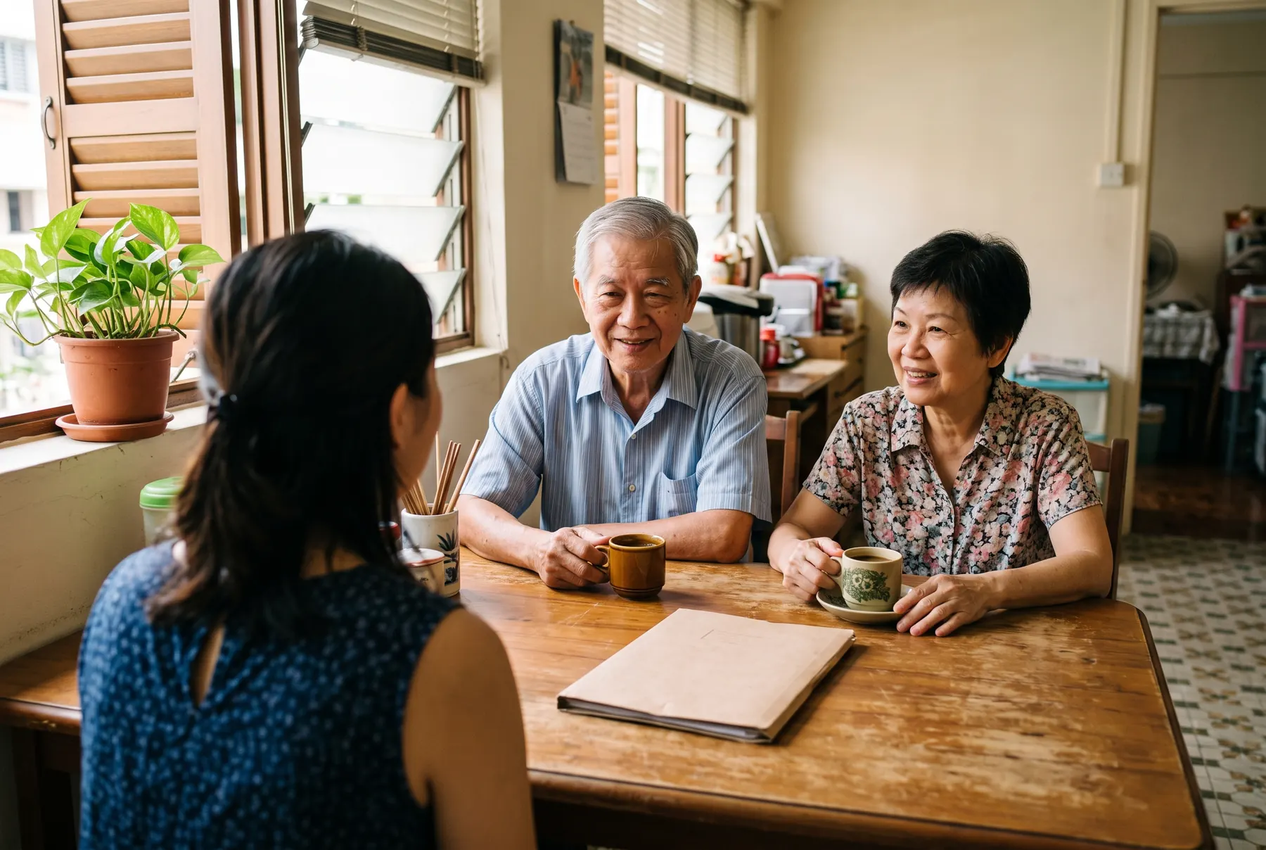 Seen over the advisor's shoulder, an older Singaporean couple at their worn teak dining table with kopi cups and a closed folder, louvred window light. A representative scene.