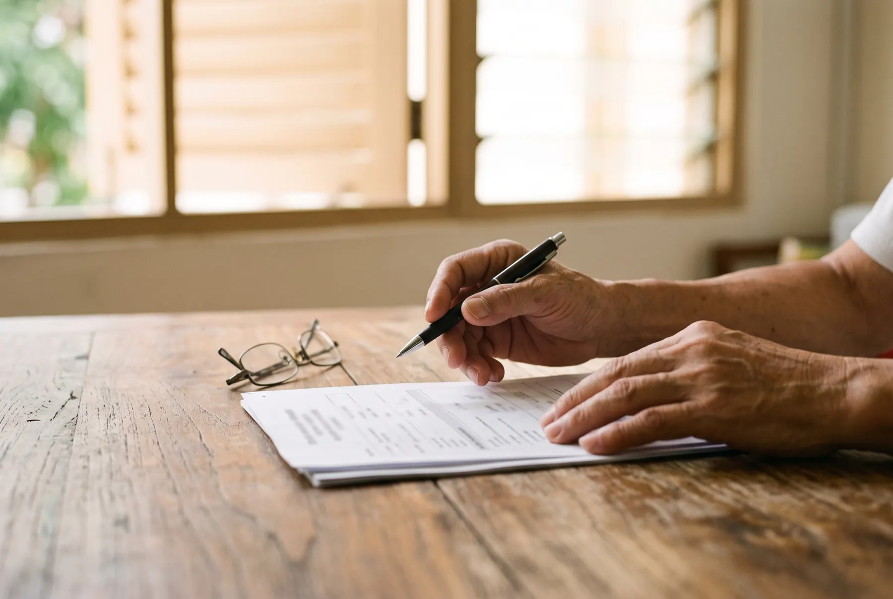 The paperwork, unhurried. A representative scene: a pen over papers on a teak table.