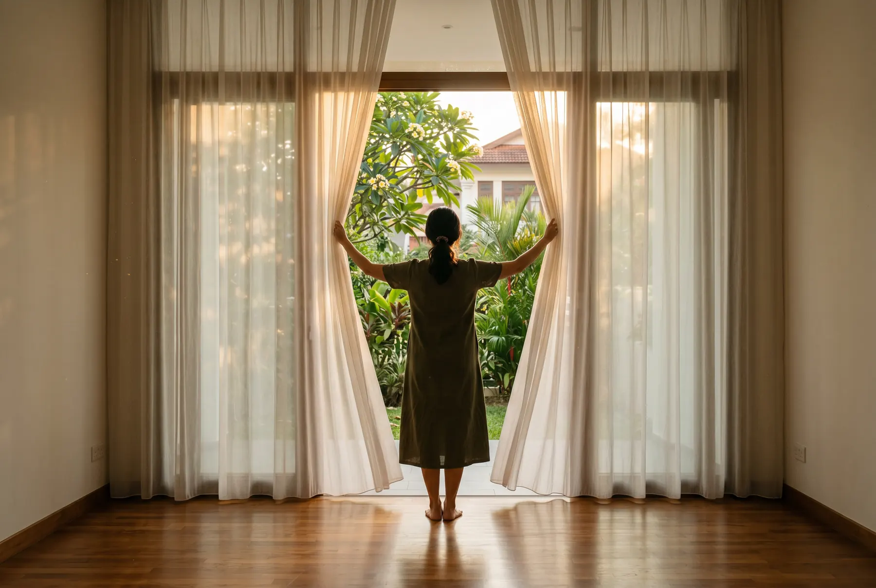 A representative scene: full-height curtains drawn open in an emptied landed living room, morning light across the floor.