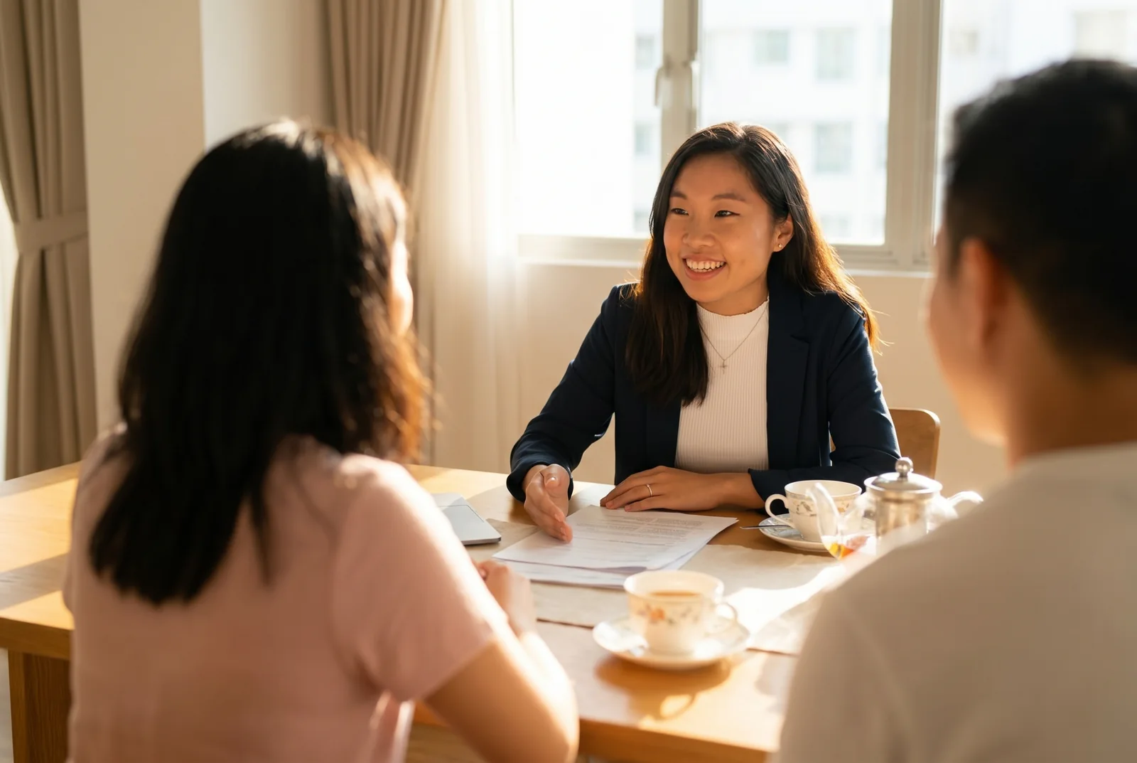 Jessin in unhurried conversation with a family at a sunlit table.