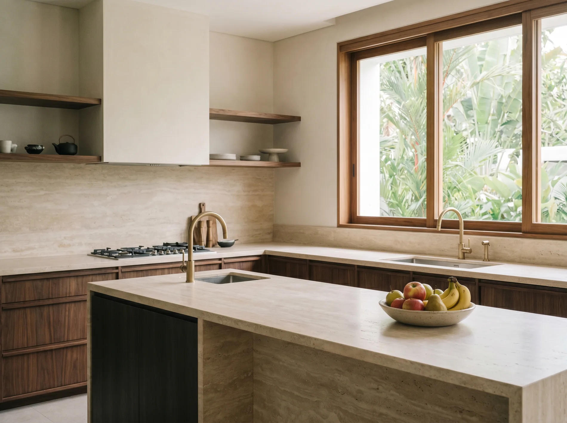 A travertine and walnut kitchen with brass taps, tropical green beyond the window. A representative interior.