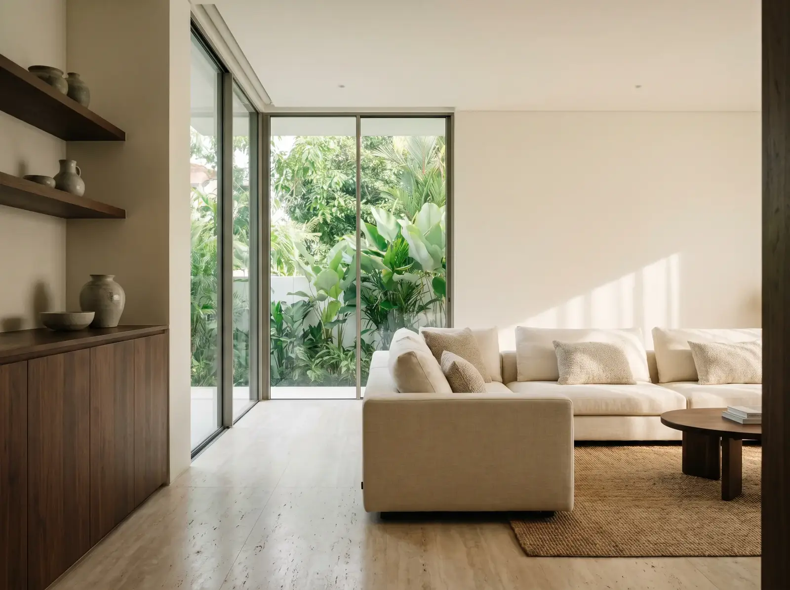 A cream living room opening to tropical planting, morning light across the floor. A representative scene.