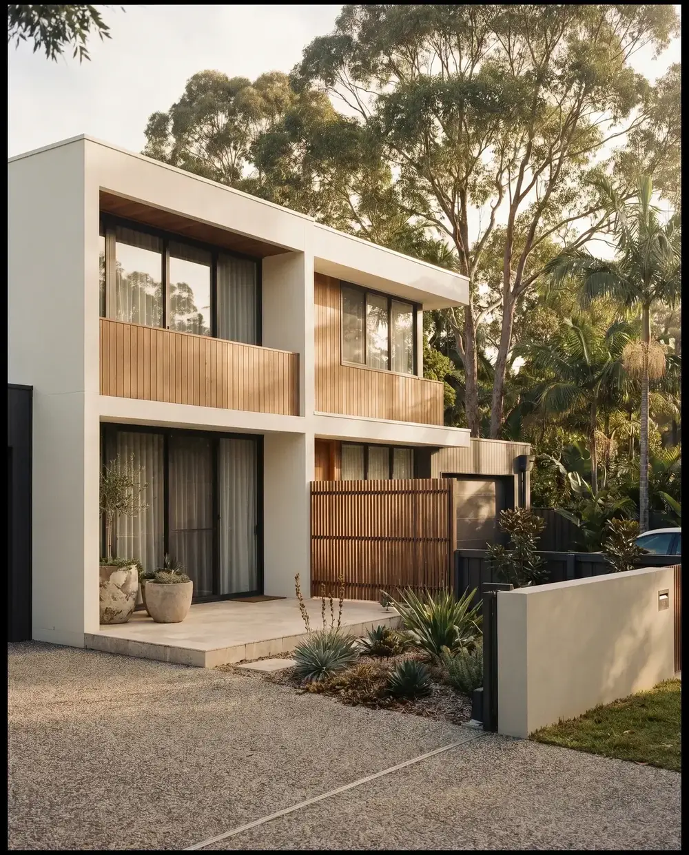 A semi-detached home behind a timber-screened gate, tree cover above. Representative of the street, not a past sale.