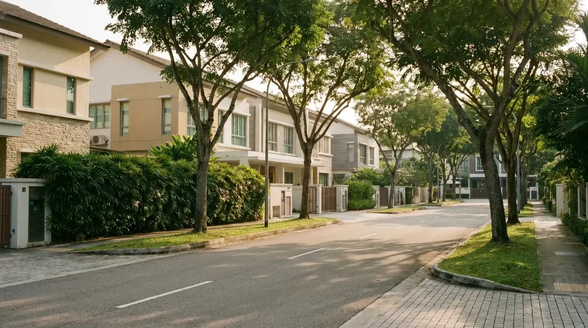 A tree-lined landed street in the north-east on a bright overcast morning, semi-detached homes behind low hedges. Representative of the street, not a past sale.
