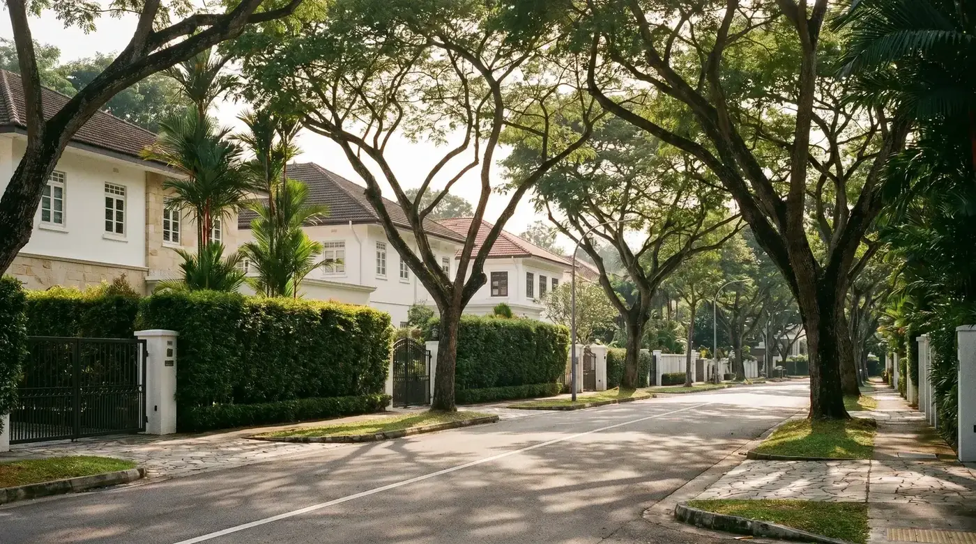 A prime district avenue shaded by rain trees, white gateposts and clipped hedges in morning light. A representative scene.