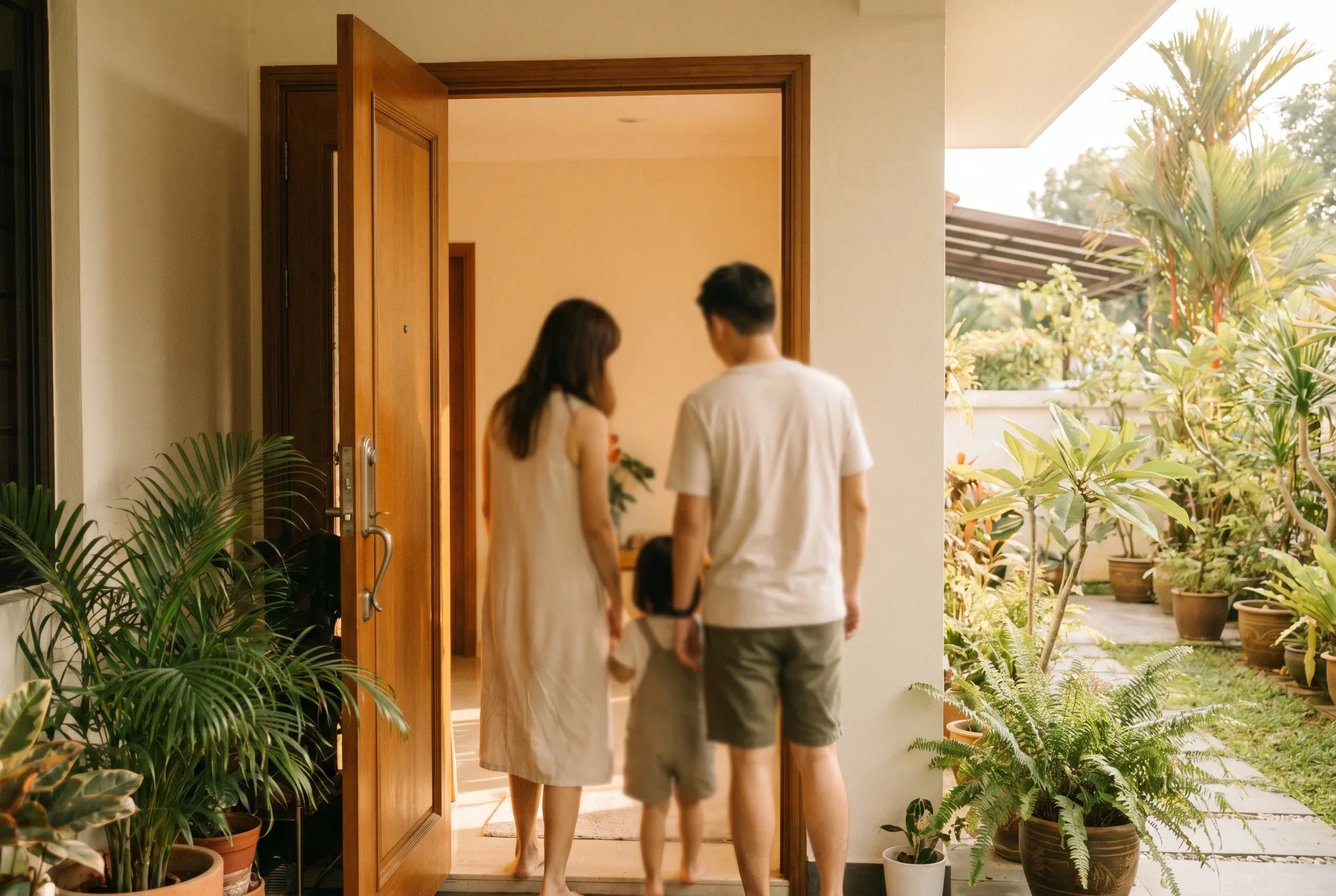 A family at the door of the home they will hold.