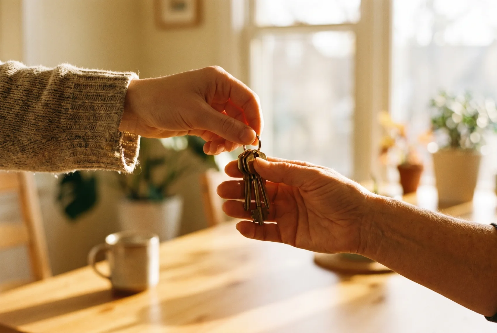 A set of house keys passed from one hand to another over a timber table, warm afternoon light. A representative scene.